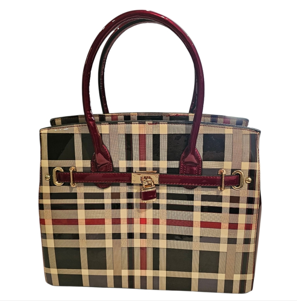 Padlock Glossy Plaide Satchel Designer Handbag - Red and Black EUC